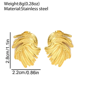 Detailed view of golden stainless steel leaf earrings with weight and size specifications