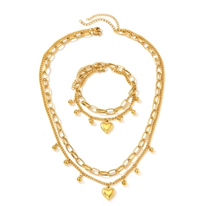Parure de bijoux pour femme avec collier pendentif cœur et bracelet perles doré