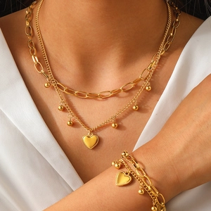 Collier Et Bracelet Double Couche Avec Pendentif En Forme De Coeur En Acier Inoxydable Bijoux Élégants Pour Femmes