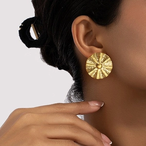 Stainless Steel Round Earrings Vintage Irregular Wrinkled Texture Sunburst Radial Metal Studs For Women