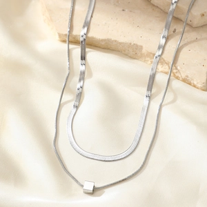 Elegant double-layered silver stainless steel snake chain necklace with cube pendant