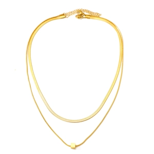 Double-layered gold snake chain necklace with a minimalist cube pendant for women