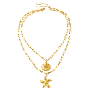 Collier bohème doré à deux rangs avec pendentifs étoile de mer et coquillage sur chaîne trombone