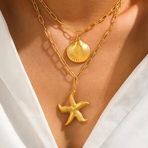 Collier Double Couche En Acier Inoxydable Avec Pendentifs Étoile De Mer Et Coquillage Chaîne Paperclip Bijoux Style Océan Bohème