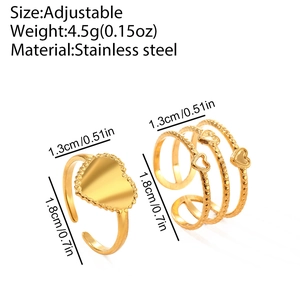 Detailed spec sheet for 18K gold plated stainless steel heart ring set with dimensions