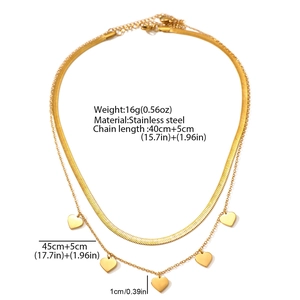 Detailed view of dual-layer gold stainless steel necklace with dimensions and heart pendants