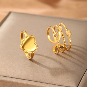 18K gold plated stainless steel open heart ring set with beaded and spiral designs
