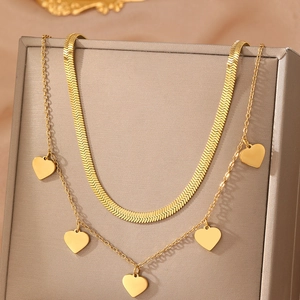 Double-layered 18k gold-plated stainless steel necklace with five heart pendants