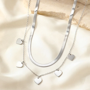 Double-layered stainless steel silver necklace with flat snake chain and heart pendants