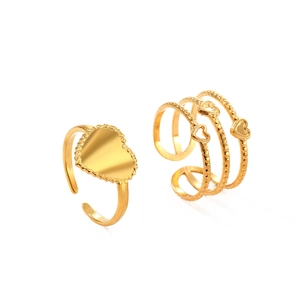 18K gold plated stainless steel heart rings with open adjustable band set for women