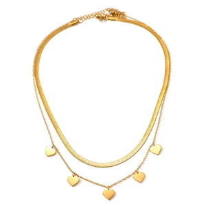 Double-layered 18k gold plated stainless steel necklace featuring heart charms and snake chain