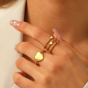 Heart Shaped Open Rings Stainless Steel 18K Gold Plated Adjustable Beaded Edge Spiral Fashion Jewelry For Women