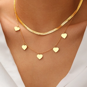 Heart Pendant Double Layer Necklace Stainless Steel 18K Gold Plated Flat Snake Chain Fashion Necklaces For Women