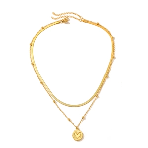Zweilagige Goldkette mit Schlangenkette Perlenkette und Herzscheibenanhänger