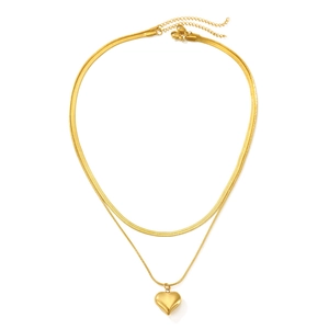 Collier double rang en acier inoxydable doré avec chaîne serpent et pendentif cœur