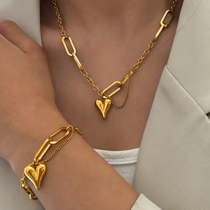 Parure Bijoux Collier Et Bracelet Coeur Acier Inoxydable Chaîne Trombone Minimaliste Pour Femme Accessoire Mode