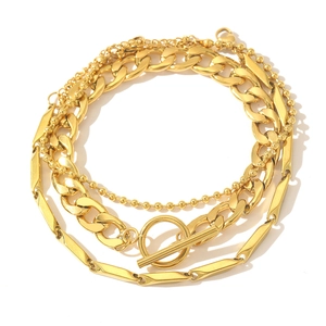 Three-piece gold stainless steel layered bracelet set with Cuban and bead chains and OT clasp
