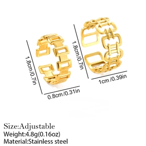 Adjustable hollow chain ring set in stainless steel with detailed size measurements