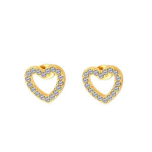 Sweet gold-colored heart stud earrings with shimmering rhinestones for daily wear
