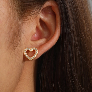 Heart Stud Earrings Stainless Steel With Sparkling Rhinestone Inlaid Hollow Sweet Elegant For Women Daily Accessories