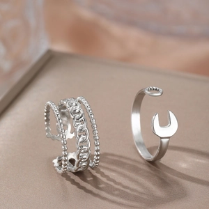 Three-layer chain link ring and wrench design open ring in polished stainless steel