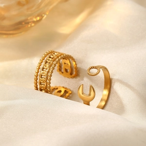 Detail of 18K gold-plated triple-layer chain ring and creative wrench shaped jewelry