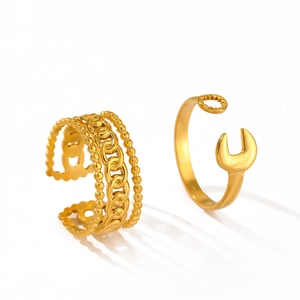 Three-layer chain design and wrench shaped gold rings in adjustable stainless steel