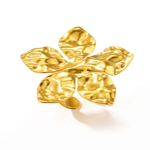 18K gold plated stainless steel flower ring with hammered texture and open adjustable band