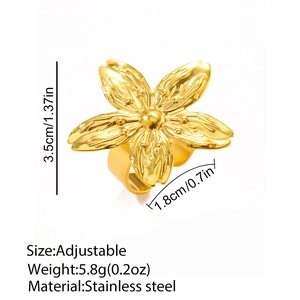 Macro detail of adjustable stainless steel flower ring with size and weight specs