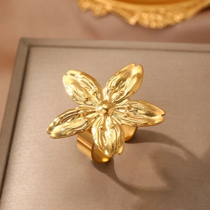 French vintage gold flower ring with textured petals and adjustable open band design