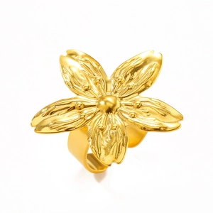 Exaggerated gold flower ring with brushed texture and adjustable band for women
