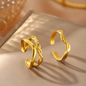 French retro style gold stainless steel woven twisted double layer open ring for women