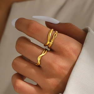 Stainless Steel Open Ring For Women Minimalist Woven Braided Twisted Wave Line French Retro Gold Plated Jewelry