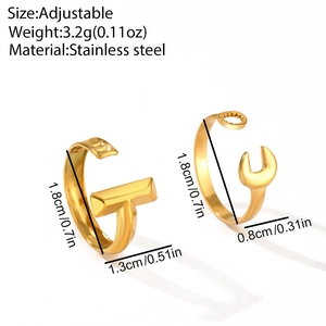 Detail view of adjustable gold stainless steel wrench and hammer rings with dimensions