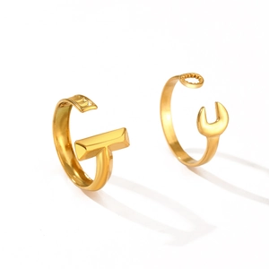 Unique gold hammer and wrench shaped adjustable stainless steel open rings for women