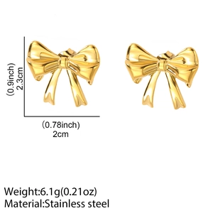 Detail view of golden bow knot earrings in polished stainless steel showing dimensions