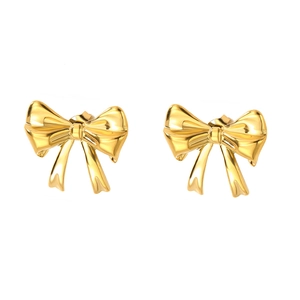 Elegant gold bow earrings with a minimalist design and polished stainless steel finish
