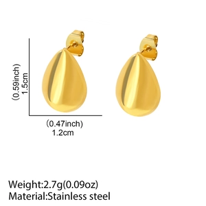 Detailed dimensions of gold teardrop stud earrings in polished stainless steel