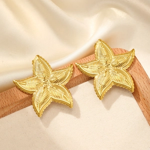 Minimalist golden starfish earrings made of 316 stainless steel on silk background