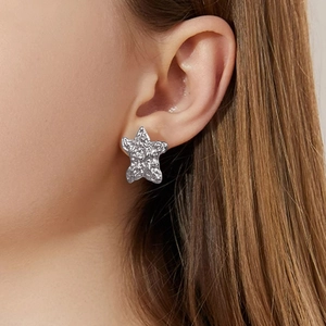 Gros plan d'une boucle d'oreille étoile en acier inoxydable argenté avec texture lave