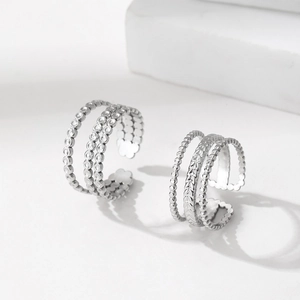 Three-layer stainless steel open rings with beaded and braided textures in silver finish