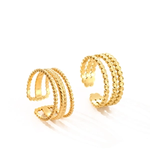 Three-layer 18K gold plated stainless steel open rings with beaded and wheat grain texture