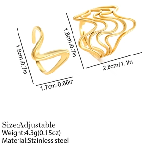 Macro detail of golden irregular wave ring and ear cuff set with size measurements