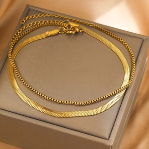 Minimalist double-layered gold stainless steel anklet with snake and box chain styles