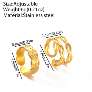 Detail view of adjustable gold-finish hollow lattice and twisted woven rings