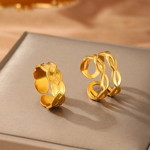 Gold-plated adjustable open rings with geometric hollow and twisted rope design