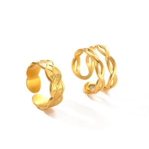 Minimalist adjustable gold plated stainless steel rings with woven and hollow patterns