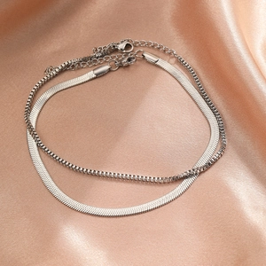 Polished silver stainless steel layered herringbone and box chain anklet set for women