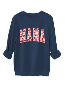 Close-up of Navy Blue Mama sweatshirt featuring colorful heart patterns and ribbed cuffs