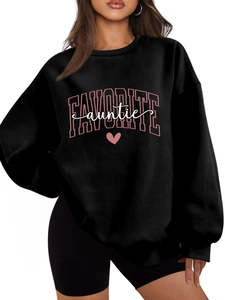 Detail of Favorite Auntie print on black oversized crewneck sweatshirt with heart icon